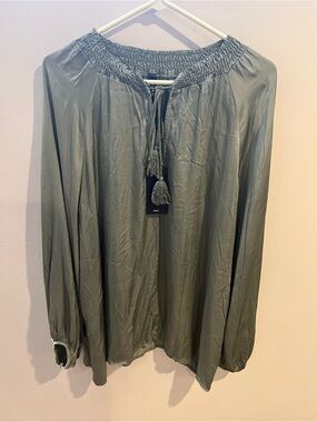 Smocked Neck Olive Green Peasant Blouse with Tassel Tie